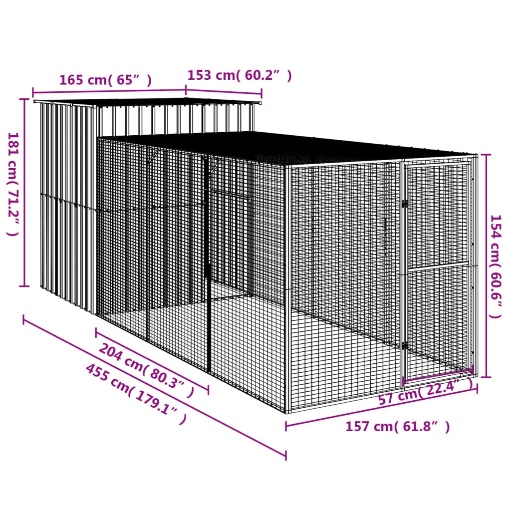 Chicken Cage with Run Light Grey 165x455x181 cm Galvanised Steel