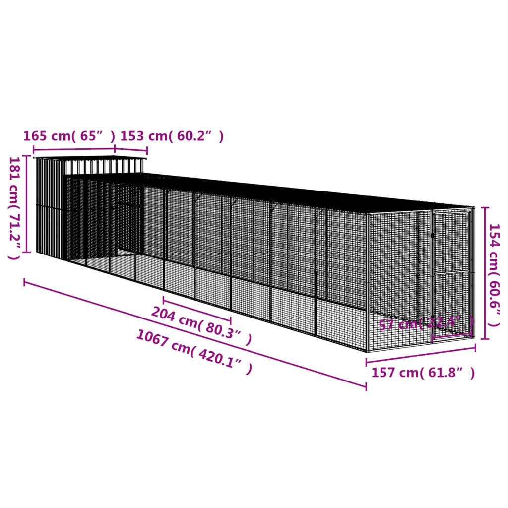 Chicken Cage with Run Light Grey 165x1067x181 cm Galvanised Steel